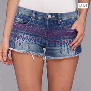 Blank NYC Blue Jean Shorts with Pink Embroidery